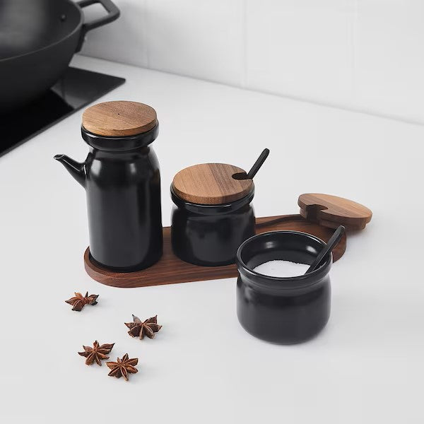 Spice jar with tray, set of 3, ceramic/black