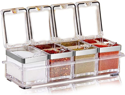 Household seasoning cans, kitchen supplies, seasoning boxes, four grids in one, free 4 spoons